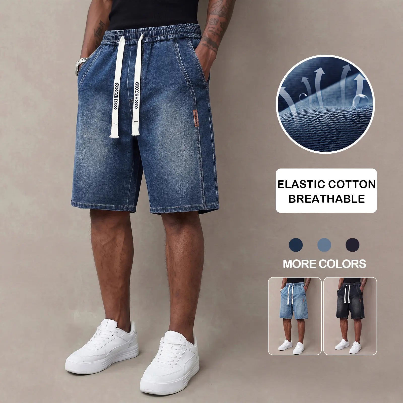 Mens lightweight denim shorts with elastic drawstring waist