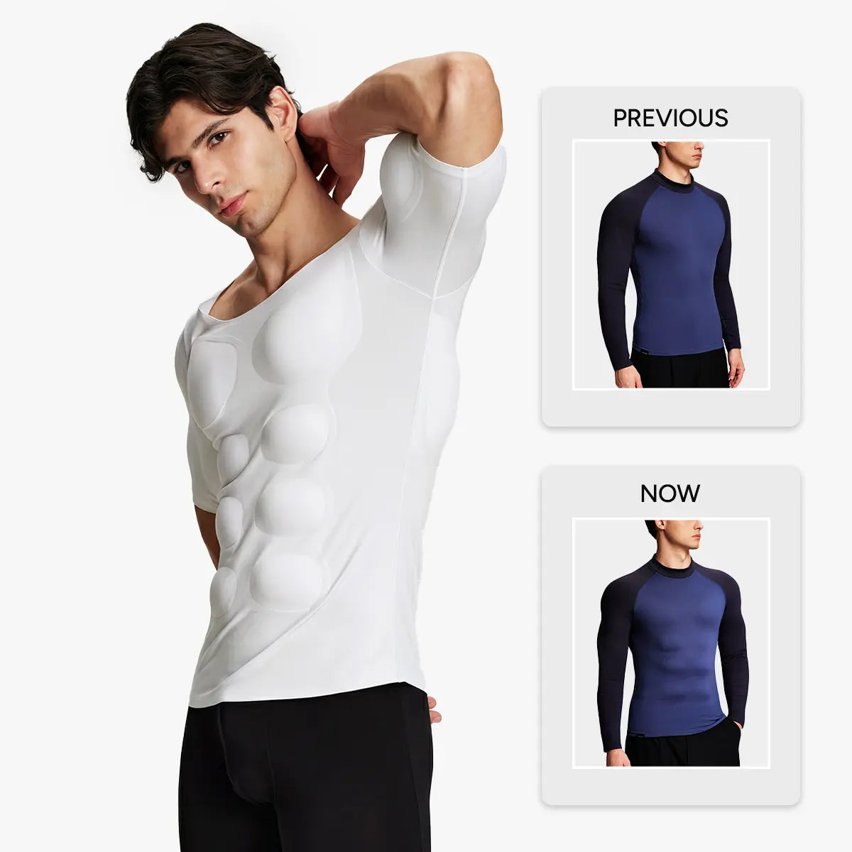 Comparaison avant et après montrant un ajustement de chemise amélioré avec un t-shirt rehausseur de muscles