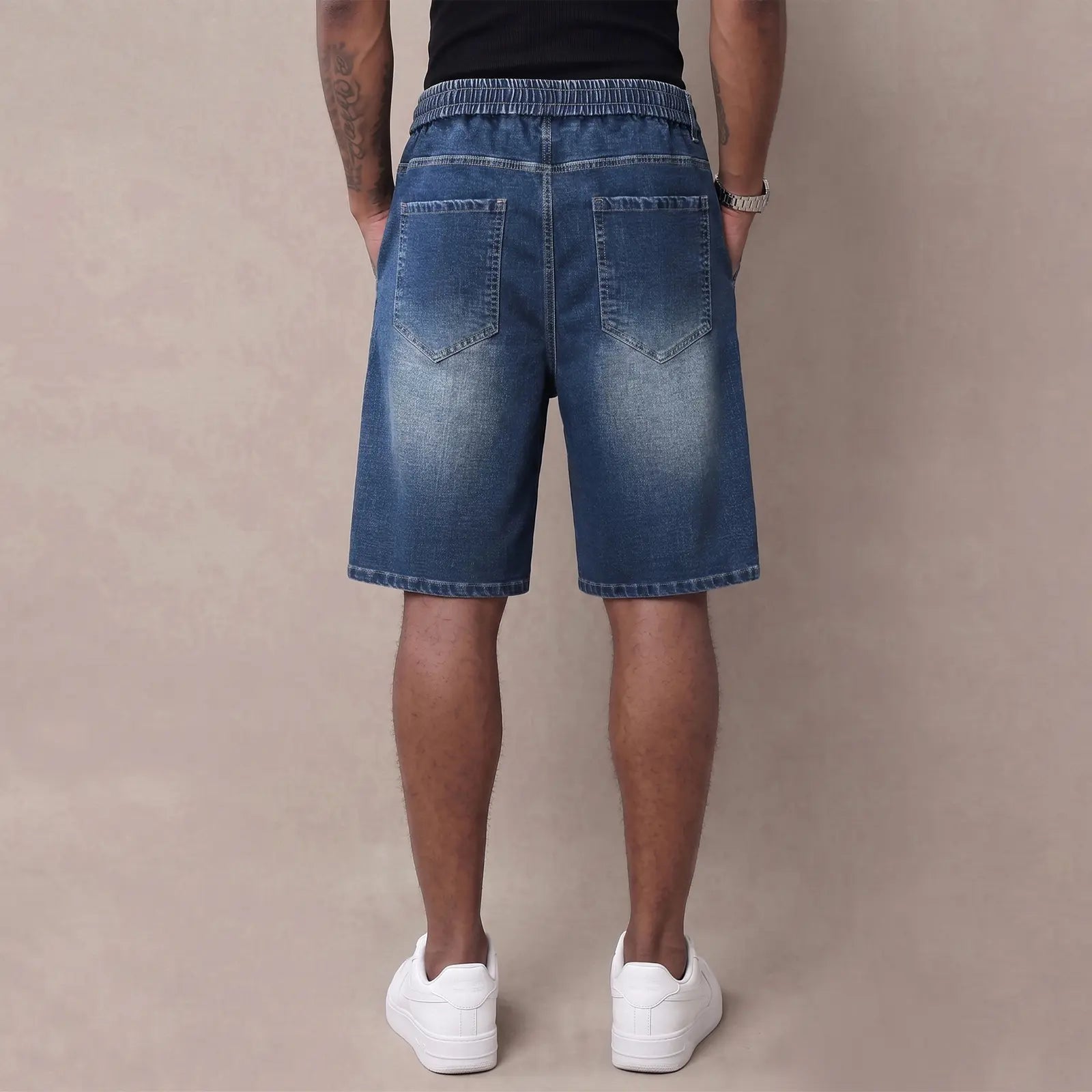 Back view of mens lightweight denim shorts