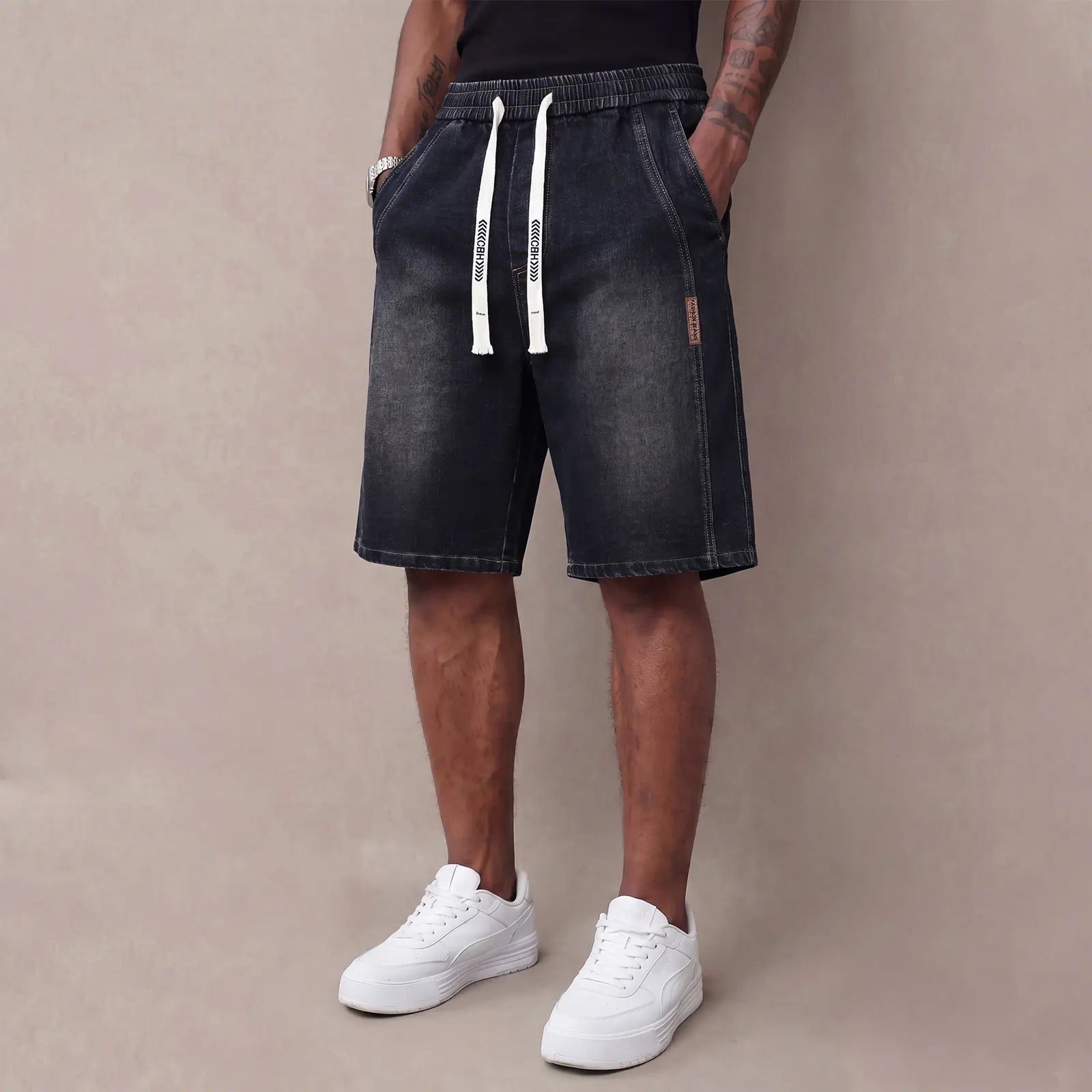 Black gray lightweight denim shorts front view