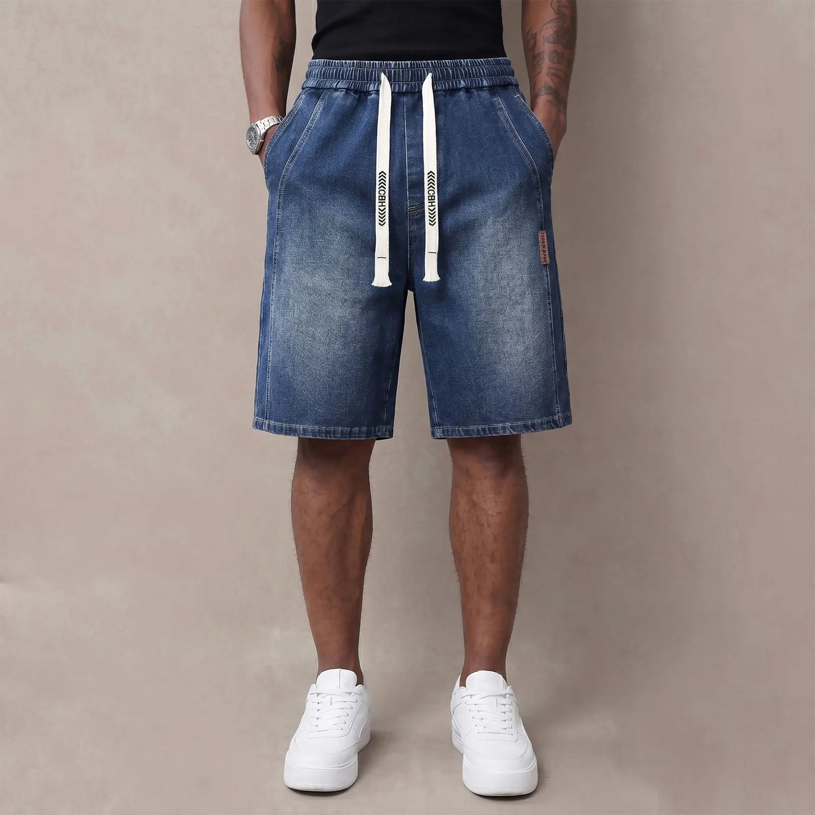 Dark blue lightweight denim shorts front view