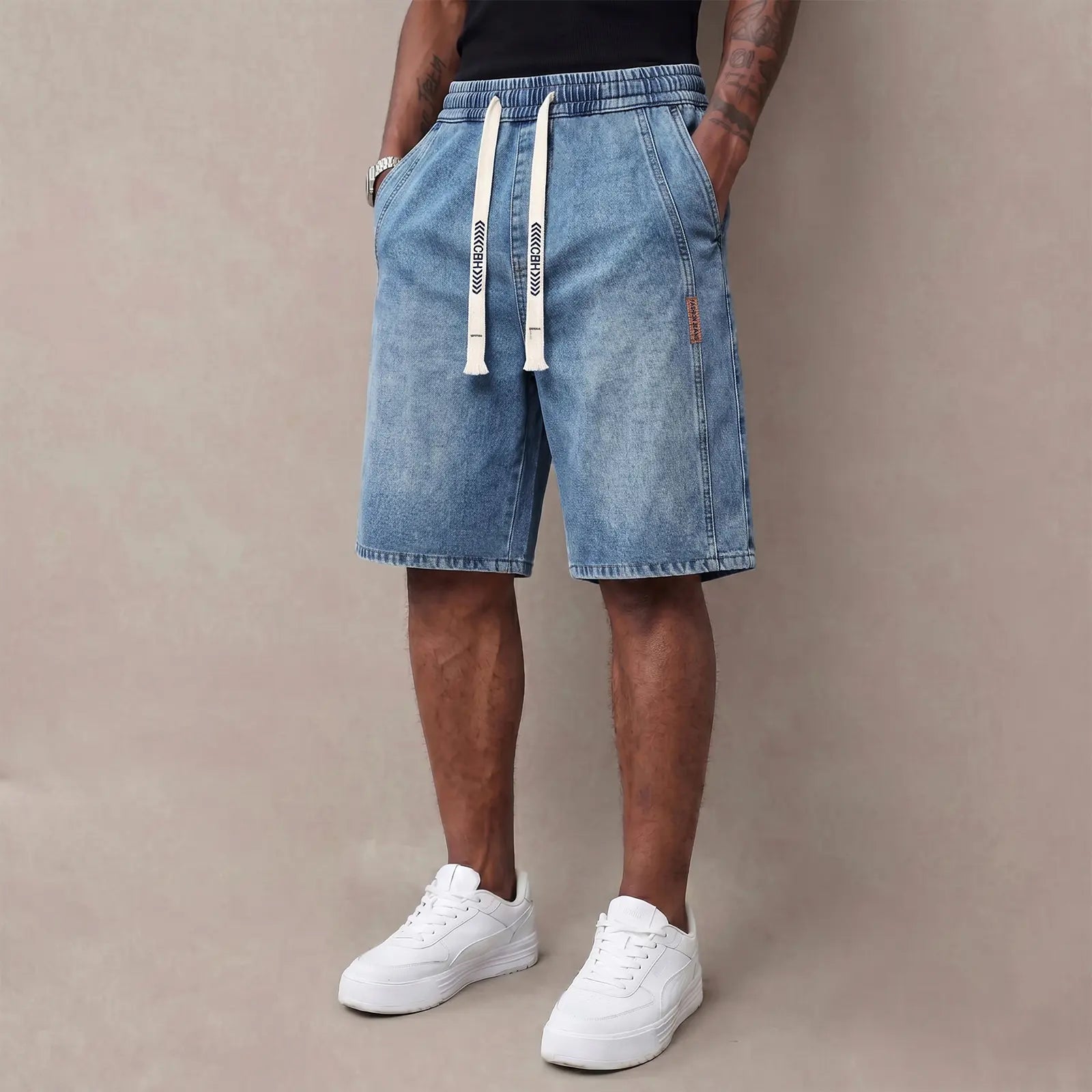 Retro blue lightweight denim shorts front view